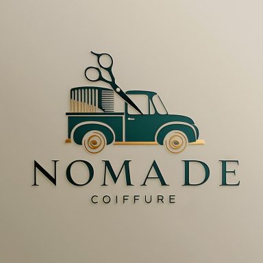 Logo de Nomade Coiffure avec un camion, des ciseaux et un peigne.