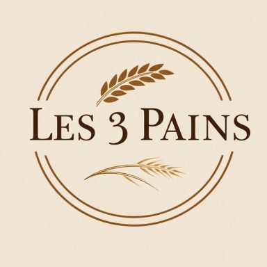 Logo de "Les 3 Pains" avec une épi de blé sur fond beige.