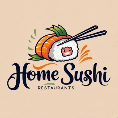 Logo de Home Sushi avec des sushis et des baguettes sur un fond beige.